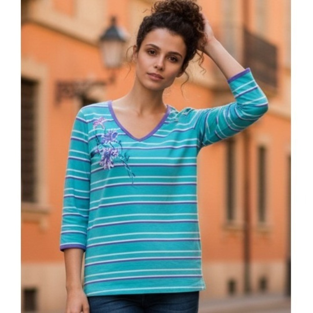Bob Mackie 2X Striped Floral Embroidered 3/4 Sleeve V Neck‎ Top Blue Purple NEW